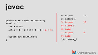 javac
public static void main(String
args[]) {
int a = 10;
int b = 1 + 2 + 3 + 4 + 5 + a + 6;
System.out.println(b);
}
0: bipush 10
2: istore_1
3: bipush 15
5: iload_1
6: iadd
7: bipush 6
9: iadd
10: istore_2
 