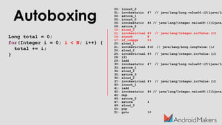 Autoboxing
Long total = 0;
for(Integer i = 0; i < N; i++) {
total += i;
}
00: lconst_0
01: invokestatic #7 // java/lang/Long.valueOf:(J)Ljava/la
04: astore_1
05: iconst_0
06: invokestatic #8 // java/lang/Integer.valueOf:(I)Ljava/
09: astore_2
10: aload_2
11: invokevirtual #9 // java/lang/Integer.intValue:()I
14: sipush N
17: if_icmpge 54
20: aload_1
21: invokevirtual #10 // java/lang/Long.longValue:()J
24: aload_2
25: invokevirtual #9 // java/lang/Integer.intValue:()I
28: i2l
29: ladd
30: invokestatic #7 // java/lang/Long.valueOf:(J)Ljava/la
33: astore_1
34: aload_2
35: astore_3
36: aload_2
37: invokevirtual #9 // java/lang/Integer.intValue:()I
40: iconst_1
41: iadd
42: invokestatic #8 // java/lang/Integer.valueOf:(I)Ljava/
45: dup
46: astore_2
47: astore 4
49: aload_3
50: pop
51: goto 10
 