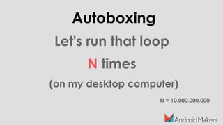 Autoboxing
Let's run that loop
N times
(on my desktop computer)
N = 10.000.000.000
 