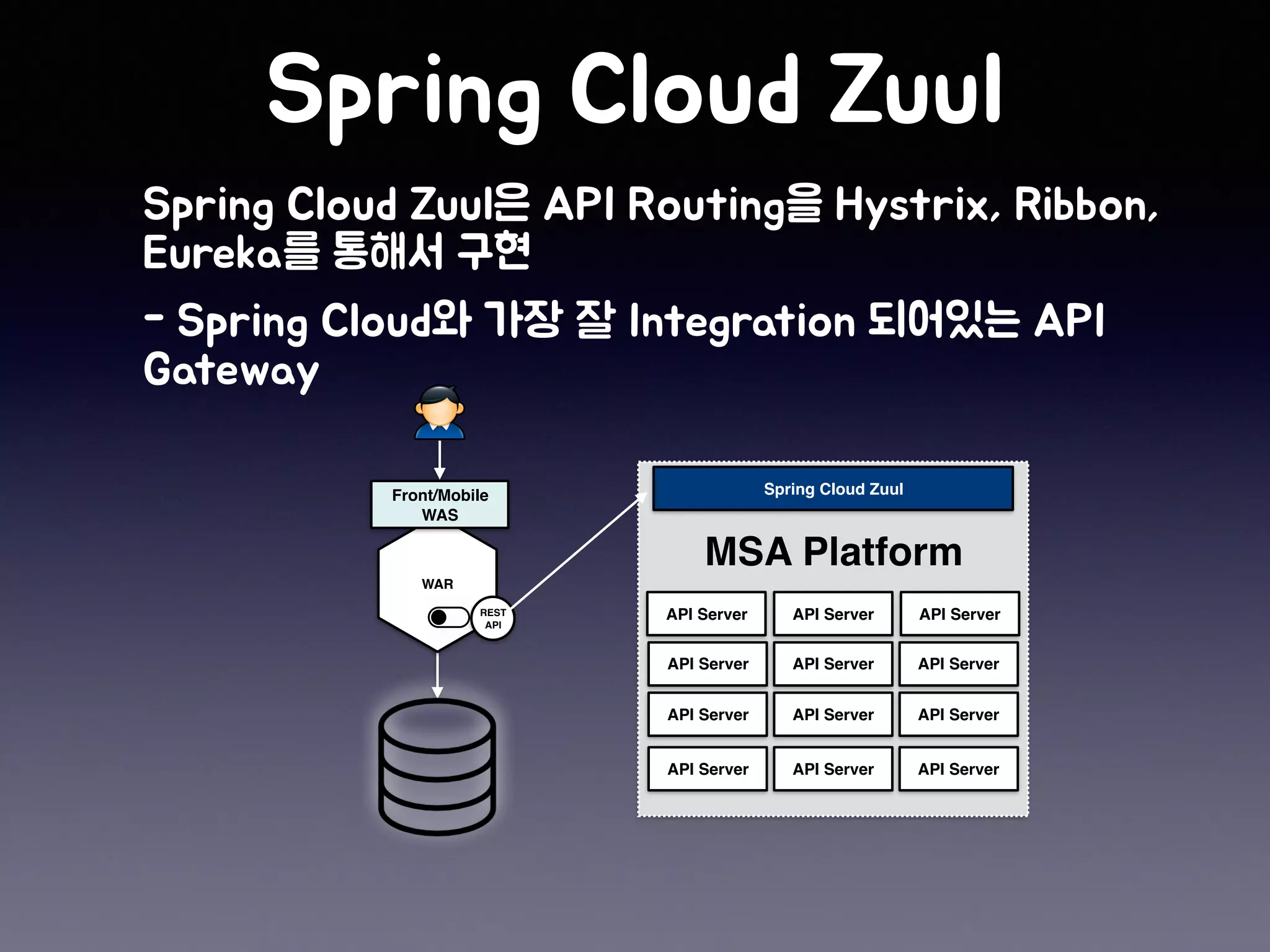 WAR
Front/Mobile
WAS
REST 
API
MSA Platform
API Server API Server API Server
API Server API Server API Server
API Server API Server API Server
API Server API Server API Server
Spring Cloud Zuul
 