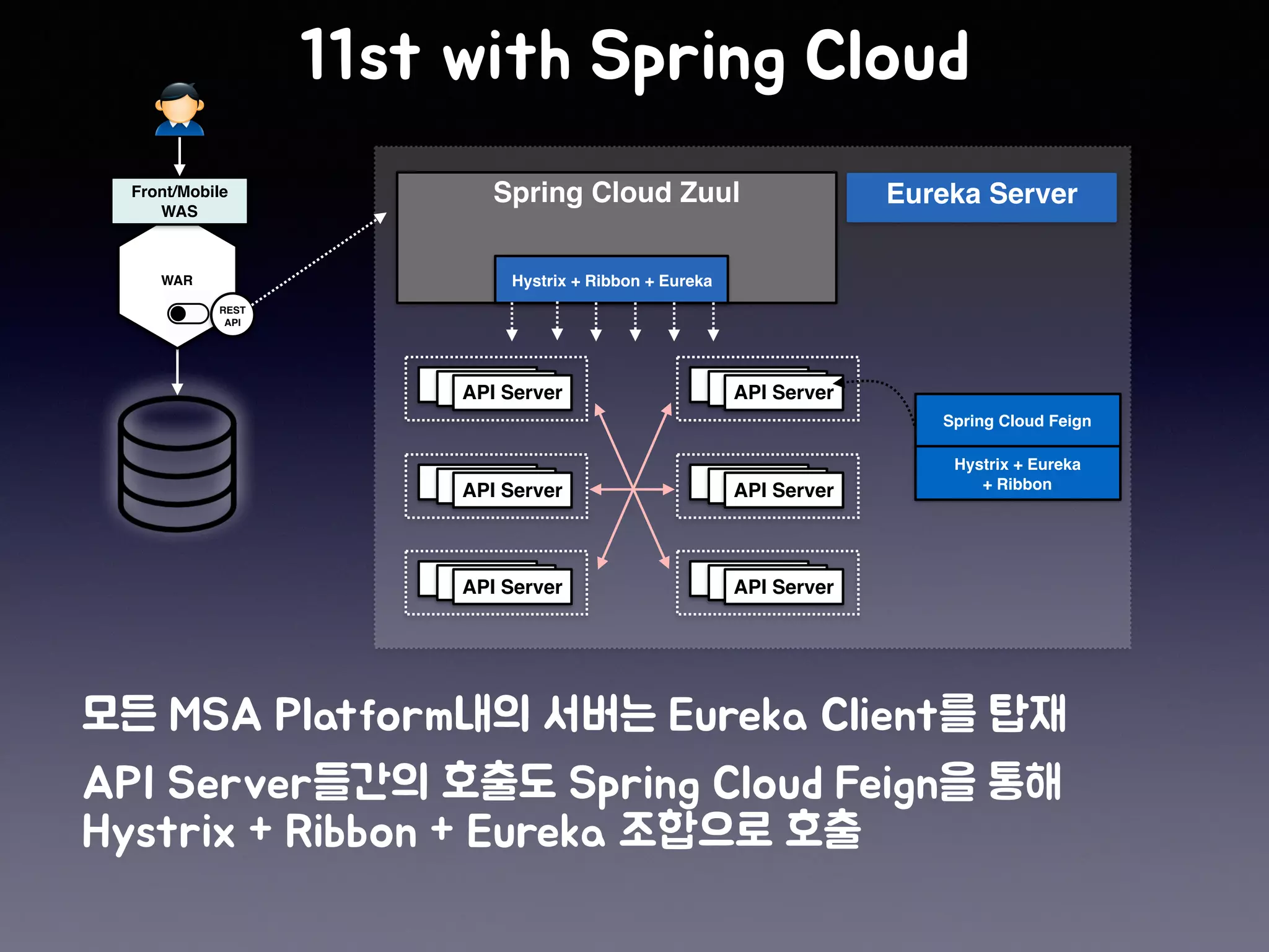 API ServerAPI ServerAPI Server
WAR
Front/Mobile
WAS
REST 
API
Spring Cloud Zuul
API ServerAPI ServerAPI Server
API ServerAPI ServerAPI Server
API ServerAPI ServerAPI ServerAPI ServerAPI ServerAPI Server
Eureka Server
API ServerAPI ServerAPI Server
Hystrix + Ribbon + Eureka
Spring Cloud Feign
Hystrix + Eureka
+ Ribbon
 