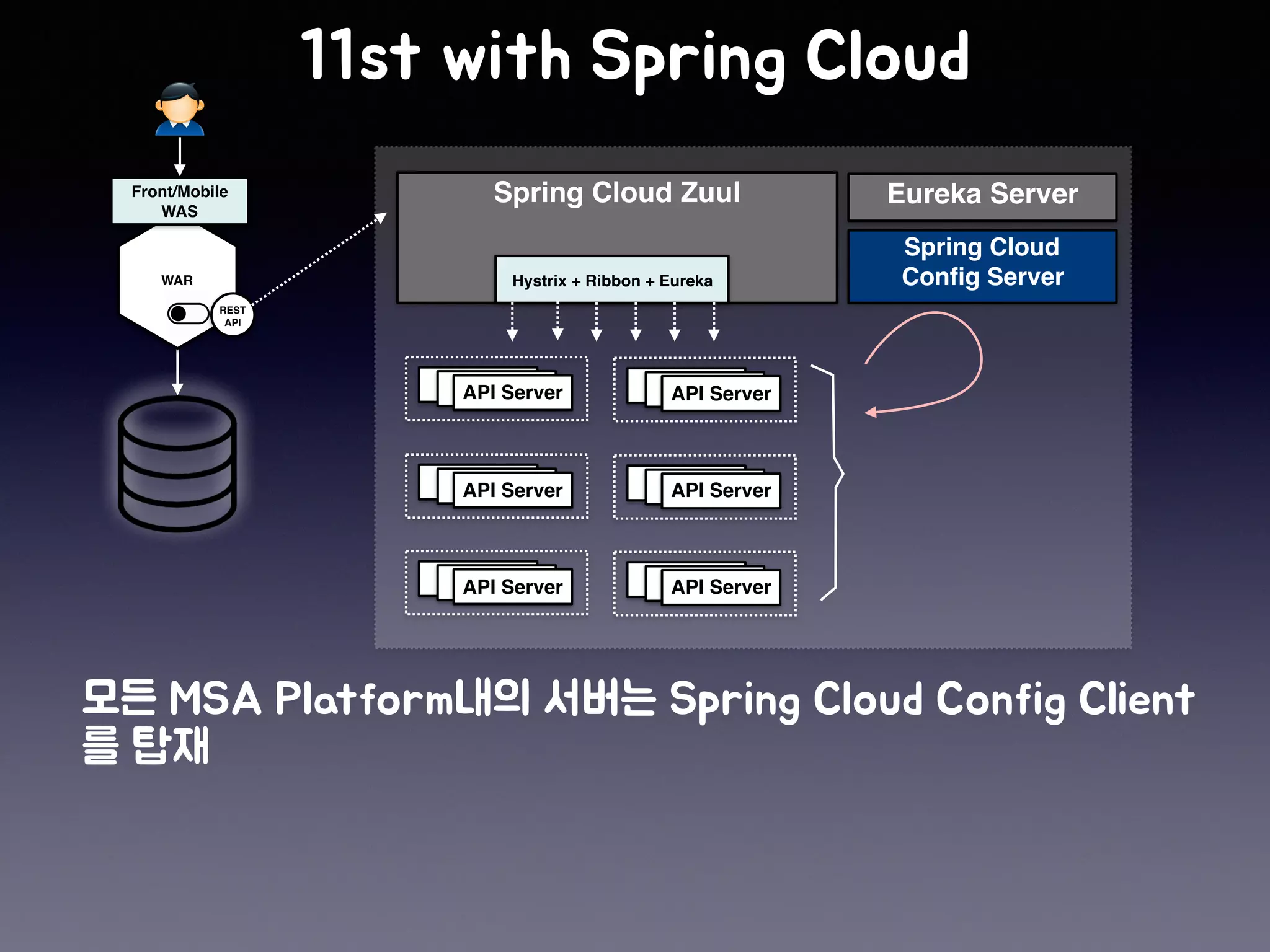 API ServerAPI ServerAPI Server
WAR
Front/Mobile
WAS
REST 
API
Spring Cloud Zuul
API ServerAPI ServerAPI Server
API ServerAPI ServerAPI Server
API ServerAPI ServerAPI ServerAPI ServerAPI ServerAPI Server
Eureka Server
API ServerAPI ServerAPI Server
Hystrix + Ribbon + Eureka
Spring Cloud
Config Server
 