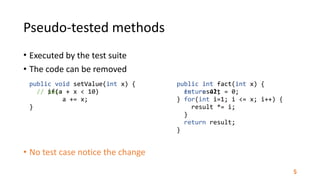 • Executed	by	the	test	suite	
• The	code	can	be	removed	
• No	test	case	notice	the	change
public	void	setValue(int	x)	{	
		//	pass						
}
public	void	setValue(int	x)	{	
					if(a	+	x	<	10)							
									a	+=	x;	
}
public	int	fact(int	x)	{	
		int	result	=	0;			
		for(int	i=1;	i	<=	x;	i++)	{	
				result	*=	i;	
		}	
		return	result;	
}
public	int	fact(int	x)	{	
		return	42;	
}
Pseudo-tested	methods
5
 