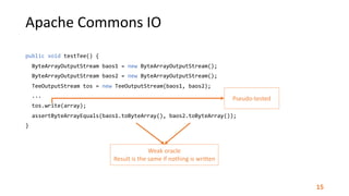 Apache	Commons	IO
Weak	oracle	
Result	is	the	same	if	nothing	is	written
Pseudo-tested
public	void	testTee()	{		
		ByteArra...