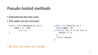 • Executed	by	the	test	suite	
• The	code	can	be	removed	
• No	test	case	notice	the	change
public	void	setValue(int	x)	{	
	...