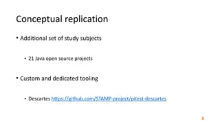 Conceptual	replication
• Additional	set	of	study	subjects	
• 21	Java	open	source	projects	
• Custom	and	dedicated	tooling	...