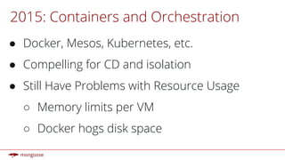 2015: Containers and Orchestration
● Docker, Mesos, Kubernetes, etc.
● Compelling for CD and isolation
● Still Have Problems with Resource Usage
○ Memory limits per VM
○ Docker hogs disk space
 