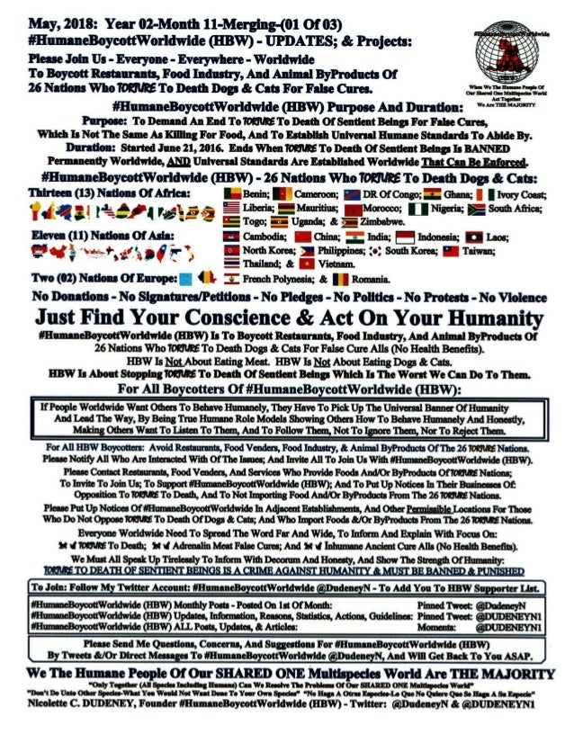 May, 2018: Year 02-Month 11
#HumaneBoycottWorldwide (HBW)
Merging The Fight
For Care And Humanity
Of ALL Species
On Our SH...