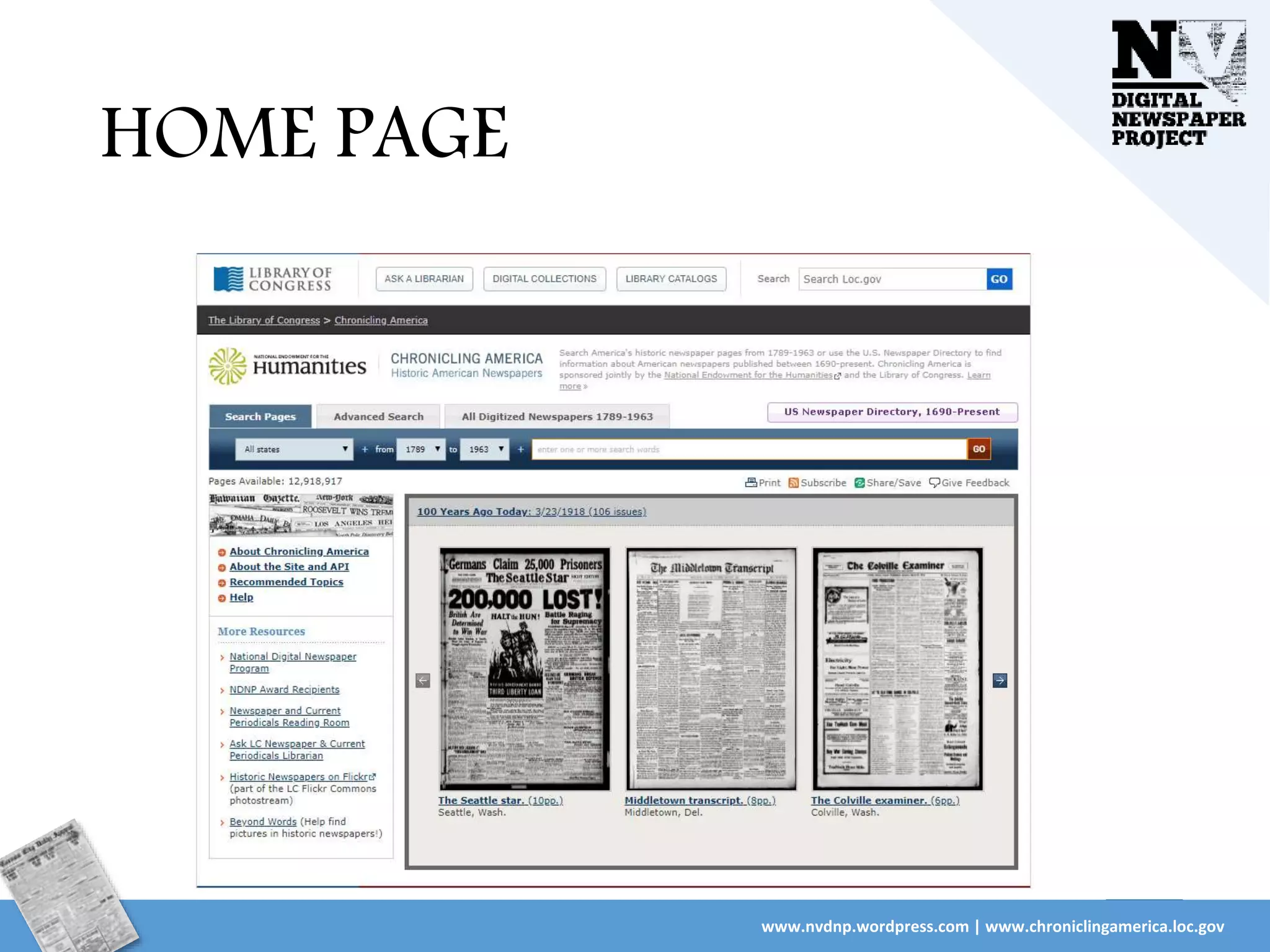 HOME PAGE
www.nvdnp.wordpress.com | www.chroniclingamerica.loc.gov
 