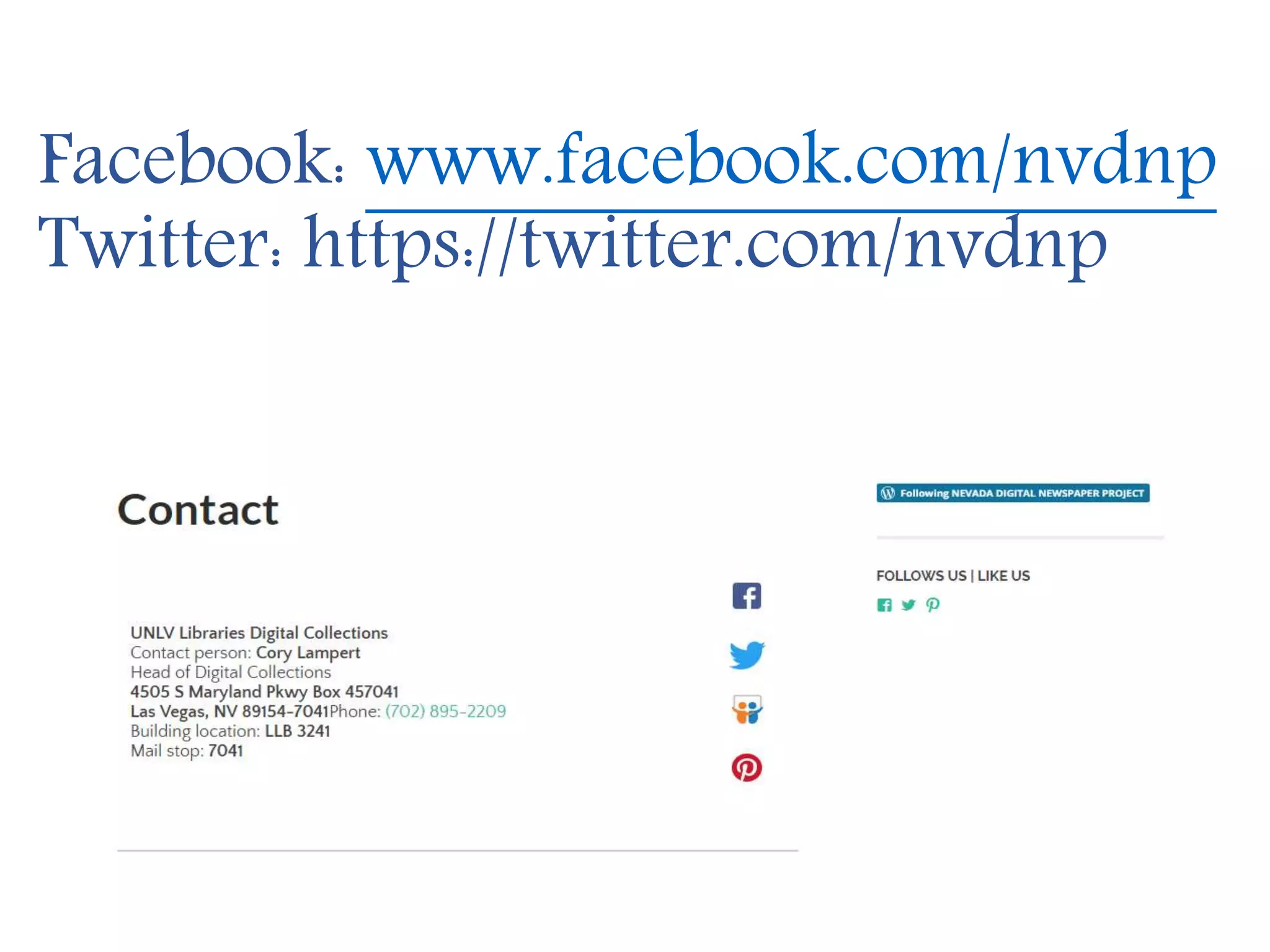 Facebook: www.facebook.com/nvdnp
Twitter: https://twitter.com/nvdnp
 