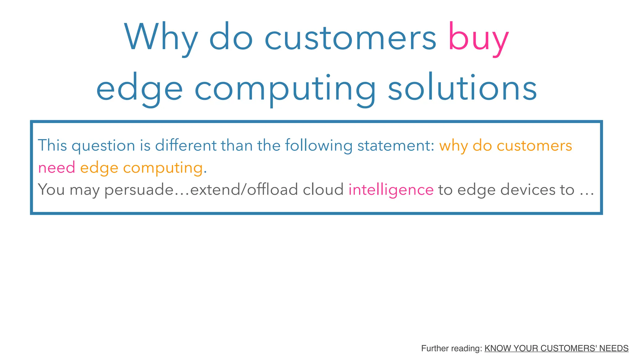 Why do customers buy
edge computing solutions
This question is different than the following statement: why do customers
need edge computing.
You may persuade…extend/offload cloud intelligence to edge devices to …
Further reading: KNOW YOUR CUSTOMERS' NEEDS
 