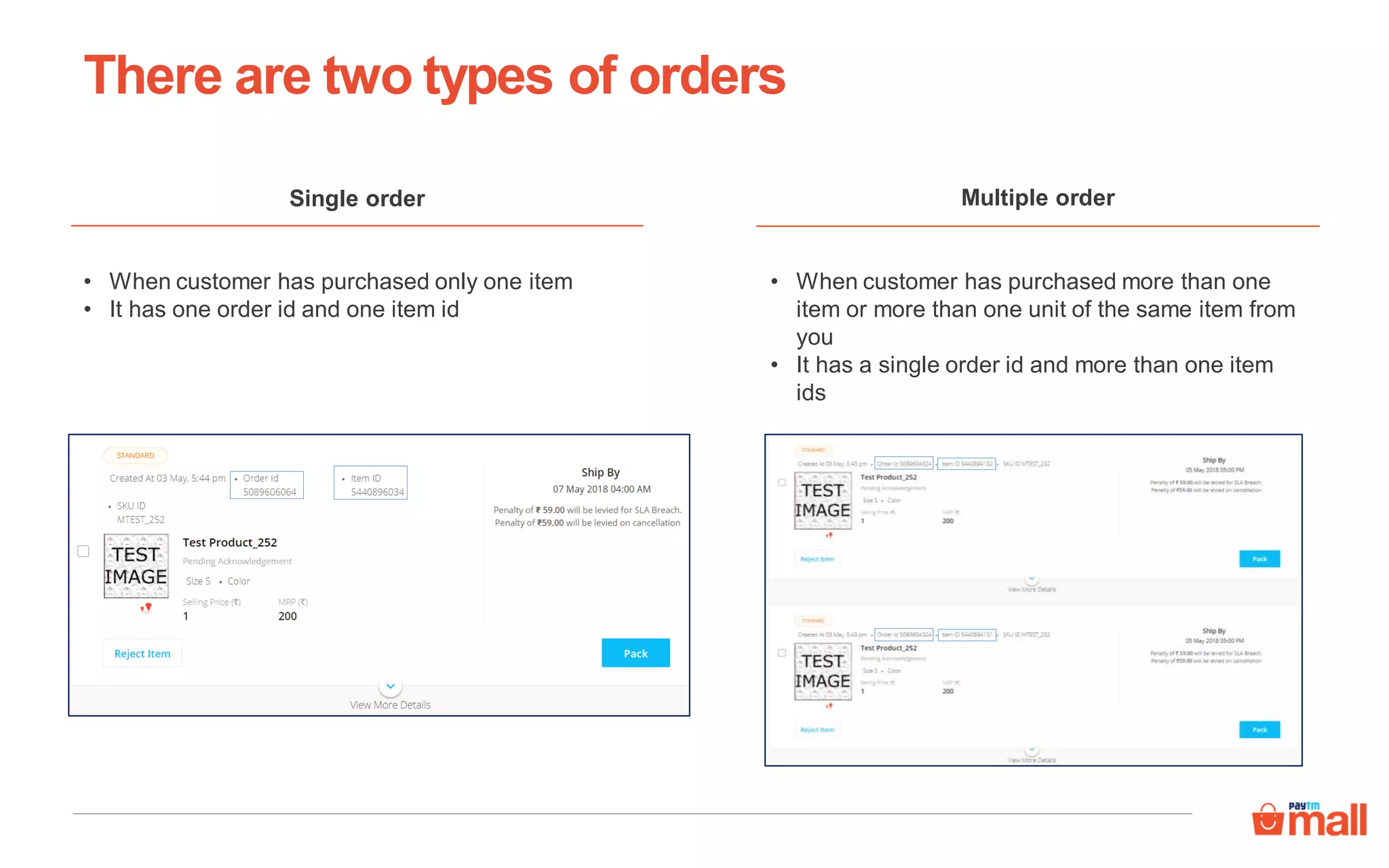 There are two types of orders
Single order
• When customer has purchased only one item
• It has one order id and one item id
Multiple order
• When customer has purchased more than one
item or more than one unit of the same item from
you
• It has a single order id and more than one item
ids
 
