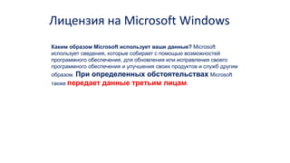 Каким образом Microsoft использует ваши данные? Microsoft
использует сведения, которые собирает с помощью возможностей
программного обеспечения, для обновления или исправления своего
программного обеспечения и улучшения своих продуктов и служб другим
образом. При определенных обстоятельствах Microsoft
также передает данные третьим лицам.
Лицензия на Microsoft Windows
 