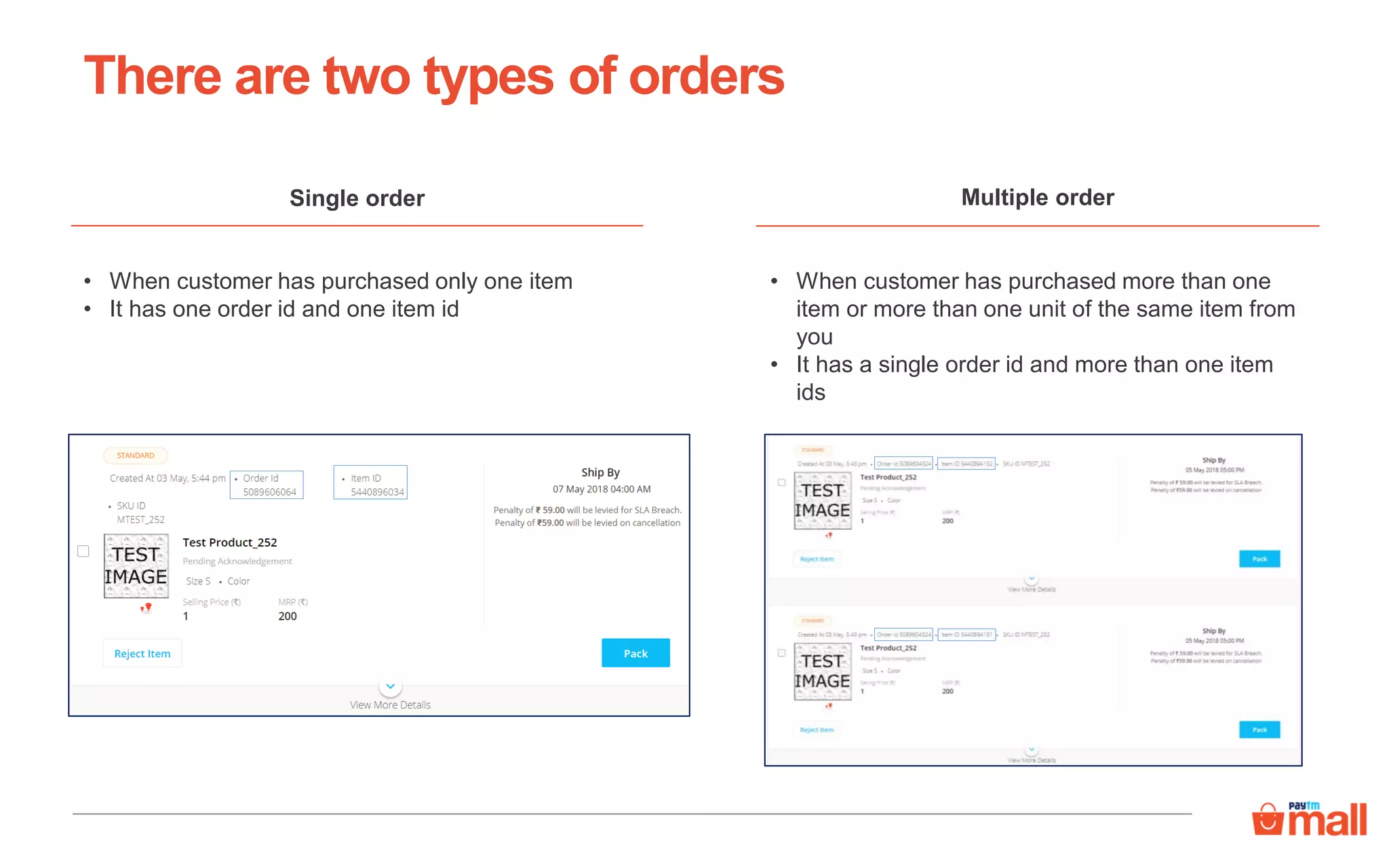 There are two types of orders
Single order
• When customer has purchased only one item
• It has one order id and one item id
Multiple order
• When customer has purchased more than one
item or more than one unit of the same item from
you
• It has a single order id and more than one item
ids
 