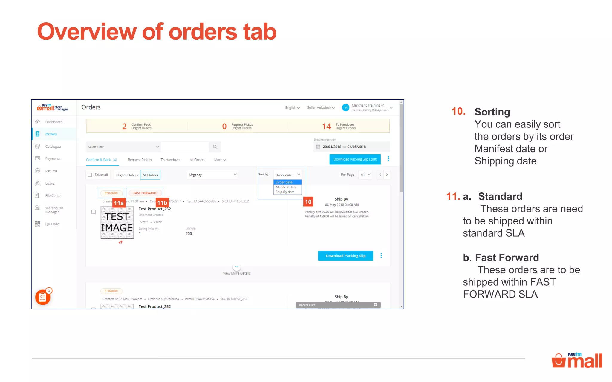 Sorting
You can easily sort
the orders by its order
Manifest date or
Shipping date
Overview of orders tab
10.
11.
11a 10
a. Standard
These orders are need
to be shipped within
standard SLA
b. Fast Forward
These orders are to be
shipped within FAST
FORWARD SLA
11b
 