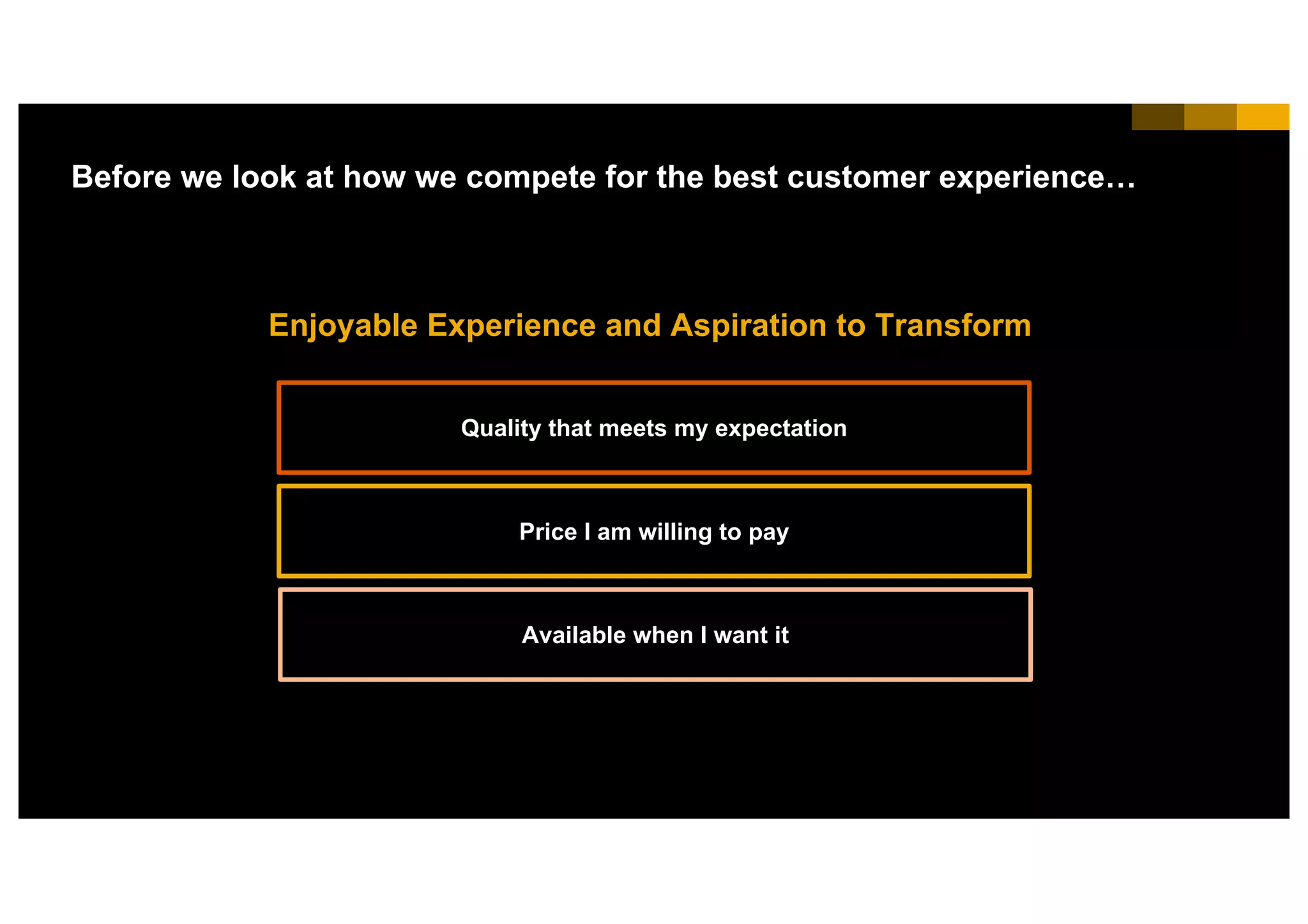 14INTERNAL© 2017 SAP SE or an SAP affiliate company. All rights reserved. ǀ
Before we look at how we compete for the best customer experience…
Available when I want it
Price I am willing to pay
Quality that meets my expectation
Enjoyable Experience and Aspiration to Transform
 