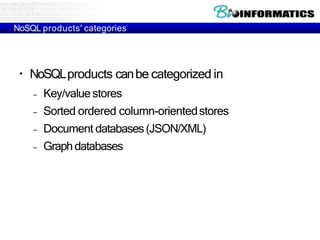 NoSQL products' categories
●
NoSQLproducts canbe categorized in
– Key/value stores
– Sorted ordered column-orientedstores
– Document databases(JSON/XML)
– Graphdatabases
 