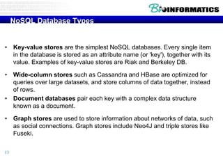 NoSQL Database Types
[https://www.mongodb.com/nosql-explained]
• Key-value stores are the simplest NoSQL databases. Every single item
in the database is stored as an attribute name (or 'key'), together with its
value. Examples of key-value stores are Riak and Berkeley DB.
• Wide-column stores such as Cassandra and HBase are optimized for
queries over large datasets, and store columns of data together, instead
of rows.
• Document databases pair each key with a complex data structure
known as a document.
• Graph stores are used to store information about networks of data, such
as social connections. Graph stores include Neo4J and triple stores like
Fuseki.
13
 