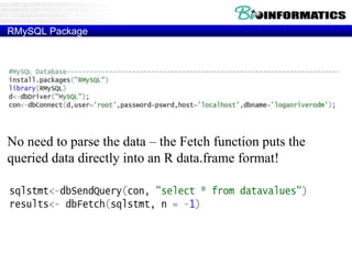 RMySQL Package
No need to parse the data – the Fetch function puts the
queried data directly into an R data.frame format!
 