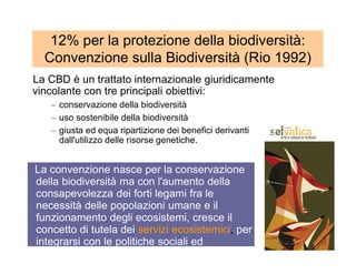 12% per la protezione della biodiversità:
Convenzione sulla Biodiversità (Rio 1992)
La CBD è un trattato internazionale giuridicamente
vincolante con tre principali obiettivi:
– conservazione della biodiversità
– uso sostenibile della biodiversità
– giusta ed equa ripartizione dei benefici derivanti
dall'utilizzo delle risorse genetiche.
La convenzione nasce per la conservazione
della biodiversità ma con l'aumento della
consapevolezza dei forti legami fra le
necessità delle popolazioni umane e il
funzionamento degli ecosistemi, cresce il
concetto di tutela dei servizi ecosistemici, per
integrarsi con le politiche sociali ed
economiche.
 