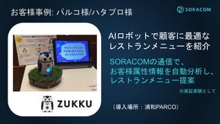 お客様事例: パルコ様/ハタプロ様
SORACOMの通信で、
お客様属性情報を自動分析し、
レストランメニュー提案
※実証実験として
（導入場所：浦和PARCO）
AIロボットで顧客に最適な
レストランメニューを紹介
 