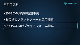 •2018年のお客様新規事例
•お客様のプラットフォーム活用戦略
•SORACOMのプラットフォーム戦略
本日の流れ
 