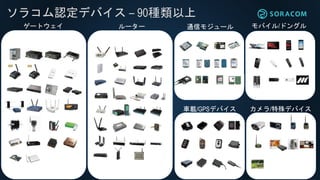 ソラコム認定デバイス – 90種類以上
ゲートウェイ ルーター 通信モジュール モバイル/ドングル
車載/GPSデバイス カメラ/特殊デバイス
 