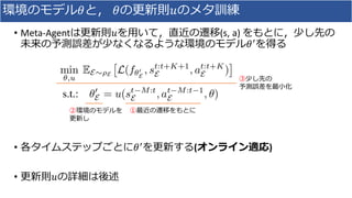 環境のモデル𝜃と， 𝜃の更新則𝑢のメタ訓練
• Meta-Agentは更新則𝑢を用いて，直近の遷移(s, a) をもとに，少し先の
未来の予測誤差が少なくなるような環境のモデル𝜃′を得る
• 各タイムステップごとに𝜃′を更新する(オンライン適応)
• 更新則𝑢の詳細は後述
①最近の遷移をもとに②環境のモデルを
更新し
③少し先の
予測誤差を最小化
 