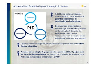 A CCEE atua junto ao regulador
para robustecer os mecanismos de
garantias financeiras e de
penalização aos inadimplentes.
Defendemos a implementação
efetiva da garantia via CCG (Contrato
de Constituição de Garantia de
Pagamento) como um dos
instrumentos para a preservação da
estabilidade e segurança de mercado
Aproximação da formação do preço à operação do sistema
Atuamos para a adoção do preço-horário a partir de 2019. O projeto está
em fase de desenvolvimento no âmbito da Comissão Permanente para
Análise de Metodologias e Programas – CPAMP
Premissas
Liquidação semanal exige um estudo aprofundado para análise de questões
fiscais e tributárias
11
 