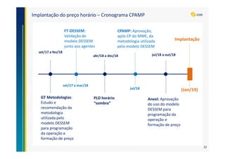 Implantação do preço horário – Cronograma CPAMP
set/17 a fev/18
GT Metodologias:
Estudo e
recomendação da
metodologia
utilizada pelo
modelo DESSEM
para programação
da operação e
formação de preço
set/17 a mar/18
FT-DESSEM:
Validação do
modelo DESSEM
junto aos agentes
abr/18 a dez/18
PLD horário
“sombra”
jul/18
CPAMP: Aprovação,
após CP do MME, da
metodologia utilizada
pelo modelo DESSEM
jul/18 a out/18
Aneel: Aprovação
do uso do modelo
DESSEM para
programação da
operação e
formação de preço
Implantação
(Jan/19)
12
 