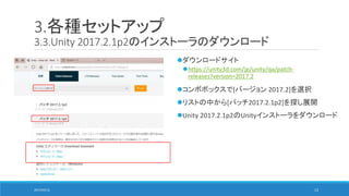 3.各種セットアップ
3.3.Unity 2017.2.1p2のインストーラのダウンロード
ダウンロードサイト
https://unity3d.com/jp/unity/qa/patch-
releases?version=2017.2
コンボボックスで[バージョン 2017.2]を選択
リストの中から[パッチ2017.2.1p2]を探し展開
Unity 2017.2.1p2のUnityインストーラをダウンロード
2017/05/12 13
 