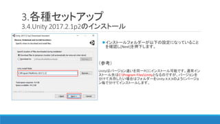 3.各種セットアップ
3.4.Unity 2017.2.1p2のインストール
インストールフォルダーが以下の設定になっていること
を確認し[Next]を押下します。
（参考）
Unityはバージョン違いを同一PCにインストール可能です。通常イン
ストール先はC:Program FilesUnityとなるのですが、バージョンを
分けて共存したい場合はフォルダーをUnity-X.X.Xのようにバージョ
ン毎で分けてインストールします。
 
