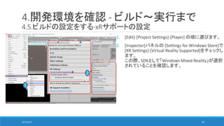 4.開発環境を確認 - ビルド～実行まで
4.5.ビルドの設定をする-xRサポートの設定
1. [Edit]-[Project Settings]-[Player] の順に選びます。
2. [Inspector]パネルの [Settings for Windows Store]で
[XR Settings]-[Virtual Reality Supported]をチェックし
ます。
この際、SDKとして「Windows Mixed Reality」が選択
されていることを確認します。
1
2
2017/05/12 28
 