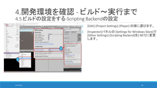 4.開発環境を確認 - ビルド～実行まで
4.5.ビルドの設定をする-Scripting Backendの設定
1. [Edit]-[Project Settings]-[Player] の順に選びます。
2. [Inspector]パネルの [Settings for Windows Store]で
[Other Settings]-[Scripting Backend]を[.NET]に変更
します。
1
2
2017/05/12 29
 