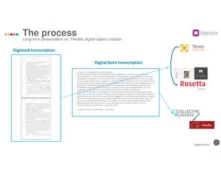 7
The process
Long-term preservation vs. Flexible digital object creation
DigitalHusserl
TeneoTeneoTeneoTeneo
INGESTER
TeneoTeneoTeneoTeneo
Digitised transcription
Digital born transcription
[F I 4/4b „1“]Ich[1] beginne mit einer Einleitung.
eine gemeinsame Wanderung in unbekannte Forschungsgebiete zu unternehmen, brauchen wir
selbstverständlich uns allen bekannte und gegebene Ausgangspunkte. Diese liegen also vor dem noch
Unbekannten und allererst zu Erforschenden. Sie brauchen keineswegs theoretische Voraussetzungen
für das zu erforschende Neue zu enthalten, sie brauchen nicht Fundamente zu sein, auf welchen sich die
Themata der Forschung logisch aufbauen. Ausgangspunkte brauchen keine andere Vorgegebenheit und
Bekanntheit zu besitzen als diejenige, welche für die Möglichkeit einer Heranführung Hinleitung zur
intendierten Forschungsdomäne erforderlich ist; diese mag ihre eigenen Anfänge haben, die nicht
vorgegeben, sondern durch die ersten Handlungen forschender Arbeit ergriffen sind.
In unserem Fall nehmen wir als Ausgangs- und Treffpunkt unserer Wanderung, als den gemeinsamen
Boden, über den wir ohne weiteres verfügen, den des natürlichen Vorstellens und Denkens und den der
allgemeinen Sprache, die sich nach dem natürlich Gegebenen und Gemeinsamen verständlich orientiert.
Unser gemeinsames philosophisches und psychologisches Wissen setzen wir außer Aktion; haben wir
etwas schon von Phänomenologie gehört, so scheiden wir es aus und das vor allem anderen; denn
Phänomenologie soll es allererst sein, zu dem wir gemeinsam hinwandern wollen. Und ist es
Phänomenologie des „erlebenden“, „wahrnehmenden“,
[1] Beginn der Vorlesung (Mittwoch, 1. Mai 1912).
 