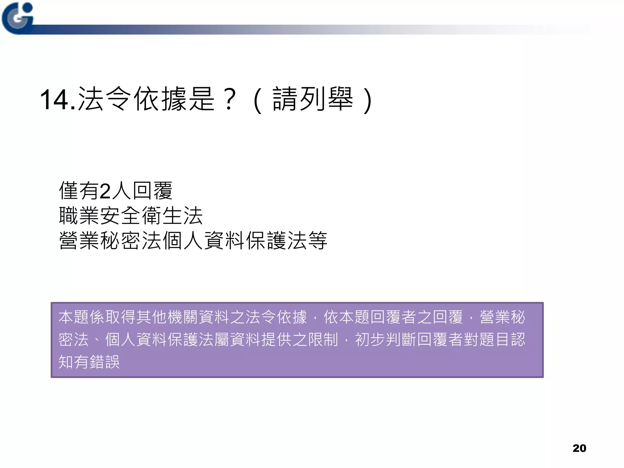 14.法令依據是？（請列舉）
20
僅有2人回覆
職業安全衛生法
營業秘密法個人資料保護法等
本題係取得其他機關資料之法令依據，依本題回覆者之回覆，營業秘
密法、個人資料保護法屬資料提供之限制，初步判斷回覆者對題目認
知有錯誤
 