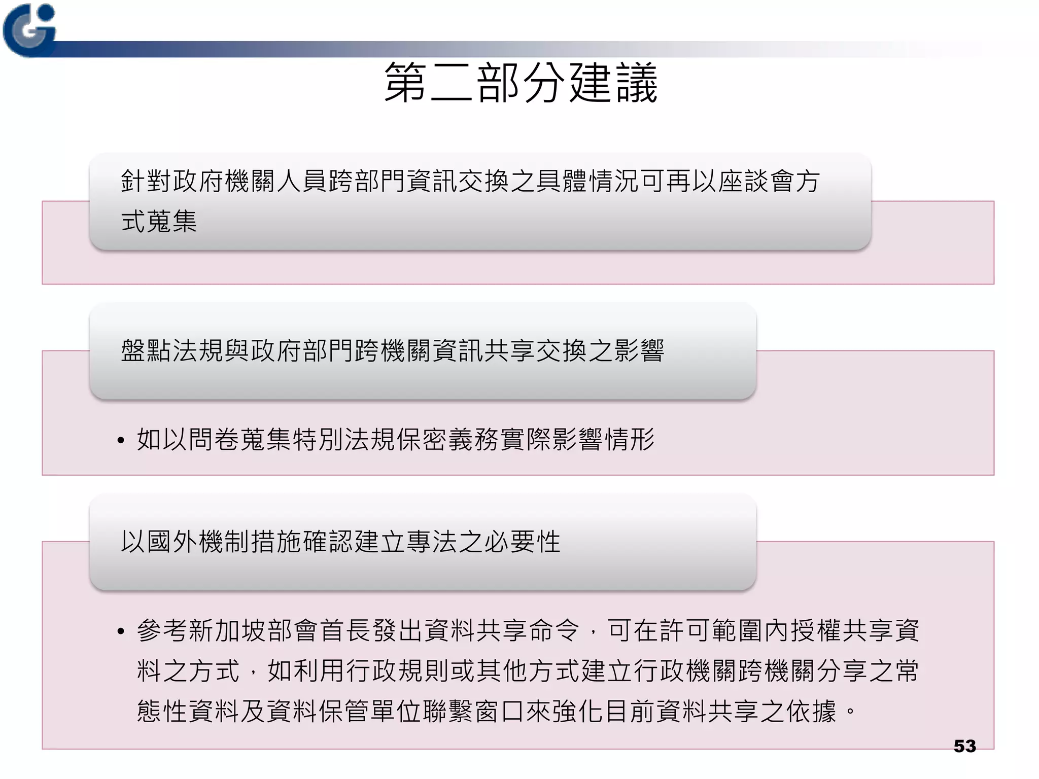 針對政府機關人員跨部門資訊交換之具體情況可再以座談會方
式蒐集
• 如以問卷蒐集特別法規保密義務實際影響情形
盤點法規與政府部門跨機關資訊共享交換之影響
• 參考新加坡部會首長發出資料共享命令，可在許可範圍內授權共享資
料之方式，如利用行政規則或其他方式建立行政機關跨機關分享之常
態性資料及資料保管單位聯繫窗口來強化目前資料共享之依據。
以國外機制措施確認建立專法之必要性
第二部分建議
53
 