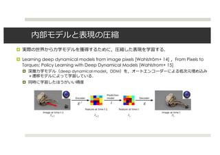
 Learning deep dynamical models from image pixels [Wahlstr?m+ 14] From Pixels to
Torques: Policy Learning with Deep Dynamical Models [Wahlstrom+ 15]
 deep dynamical model DDM

 