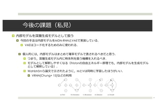¤
¤ MDN-RNN VAE
¤ VAE
¤
¤
¤ Friston
¤ Wahlström M V
¤ VRNN[Chung+ 15]
47
 