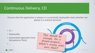Copyright © Gaspar NagyCopyright © Gaspar Nagy
Continuous Delivery, CD
Ensures that the application is always in a potentially deployable state (whether we
deploy is a manual decision)
• CI +
• Deployable
• Automated regression tests
(Acceptance Tests)
• ...
 