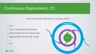 Copyright © Gaspar NagyCopyright © Gaspar Nagy
Continuous Deployment, CD
Ensures that the application is always actual
• CD +
• Fully* automated verification
• Automated non-functional tests
• Appropriate context (eg. SaaS)
• ...
• ???
„live”
 