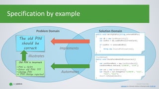 Copyright © Gaspar NagyCopyright © Gaspar Nagy
Specification by example
Problem Domain Solution Domain
Lightbulb by Unknown Author is licensed under CC BY-SA
The old PIN
should be
correct
public void VerifyOldPin(string enteredOldPin)
{
var db = new CardRespoitory();
var oldPin = db.LoadOldPin(CurrentCard);
if (oldPin != enteredOldPin)
{
throw new InvalidPinException();
}
}
Implements
[TestMethod]
public void ShuldFailWhenOldPinIncorrect()
{
var cardStoreMock = new CardStoreMock();
cardStoreMock.SetCard("1234678", "1234");
var sut = new CardService();
var result = sut.ChangePin("1234678", "1111",
"1212", "1212");
Assert.IsFalse(result);
}
Old PIN is incorrect
• PIN is 1234
• Enter old PIN: 1111
• Change PIN
⇒ PIN change rejected
Illustrates
Automates
 