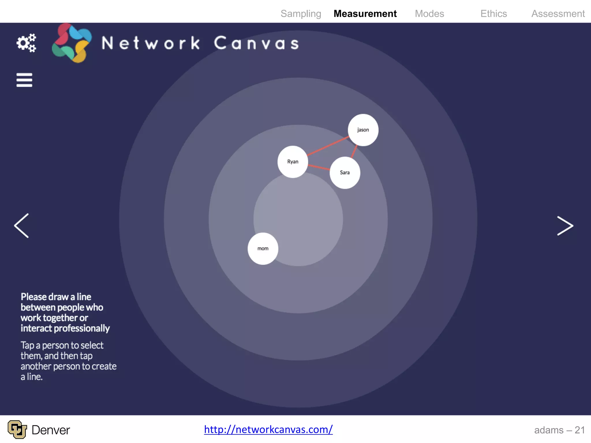 adams – 21
Sampling Measurement Modes Ethics Assessment
http://networkcanvas.com/
 