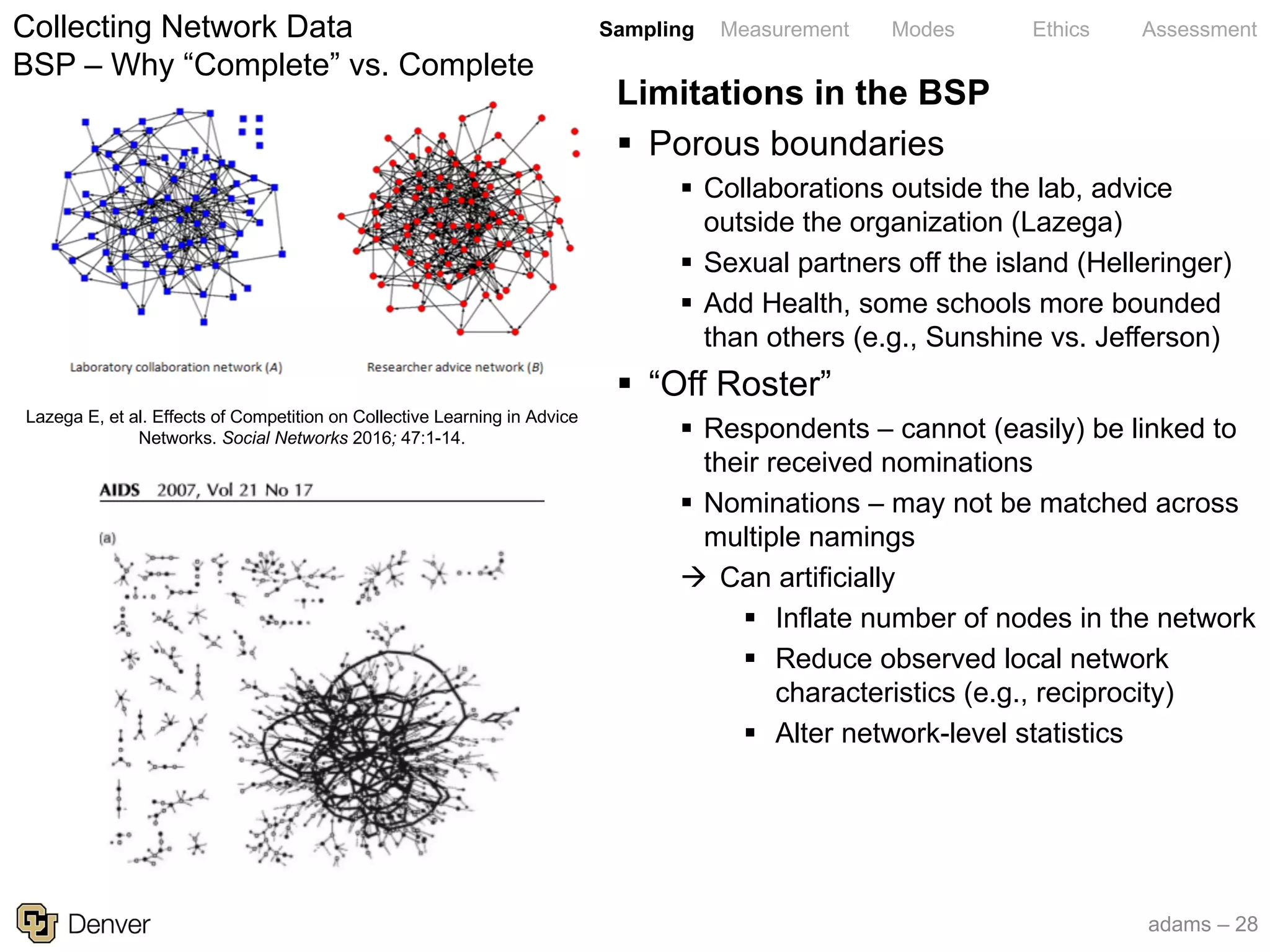 adams – 28
Sampling Measurement Modes Ethics AssessmentCollecting Network Data
BSP – Why “Complete” vs. Complete
Lazega E, et al. Effects of Competition on Collective Learning in Advice
Networks. Social Networks 2016; 47:1-14.
Limitations in the BSP
§ Porous boundaries
§ Collaborations outside the lab, advice
outside the organization (Lazega)
§ Sexual partners off the island (Helleringer)
§ Add Health, some schools more bounded
than others (e.g., Sunshine vs. Jefferson)
§ “Off Roster”
§ Respondents – cannot (easily) be linked to
their received nominations
§ Nominations – may not be matched across
multiple namings
à Can artificially
§ Inflate number of nodes in the network
§ Reduce observed local network
characteristics (e.g., reciprocity)
§ Alter network-level statistics
 