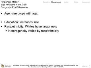 adams – 11
Sampling Measurement Modes Ethics Assessment
§ Age: size drops with age,
§ kin/nonkin varies by age
§ Education: Increases size (& nonkin)
§ Race/ethnicity: Whites have larger nets
§ Heterogeneity varies by race/ethnicity
§ Sex: Women have more kin
§ Size of Place: Urbanites cite more non-kin
“Important Matter”
Ego Networks in the GSS
Subgroup Size Differences
McPherson M, Smith-Lovin L, Brashears ME. Social Isolation in America: Changes in Core Discussion Networks over
Two Decades. American Sociological Review 2006;71:353-375
 