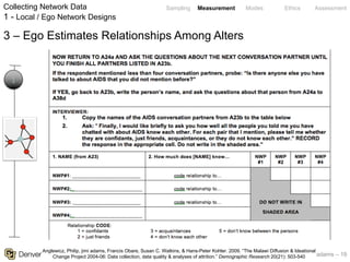 adams – 19
Sampling Measurement Modes Ethics Assessment
3 – Ego Estimates Relationships Among Alters
Collecting Network Data
1 - Local / Ego Network Designs
1
Anglewicz, Philip, jimi adams, Francis Obare, Susan C. Watkins, & Hans-Peter Kohler. 2009. “The Malawi Diffusion & Ideational
Change Project 2004-06: Data collection, data quality & analyses of attrition.” Demographic Research 20(21): 503-540
 