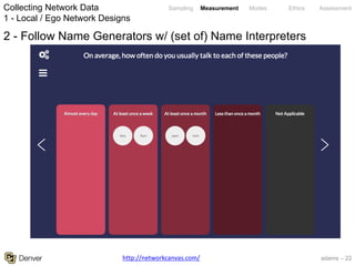 adams – 22
Sampling Measurement Modes Ethics Assessment
2 - Follow Name Generators w/ (set of) Name Interpreters
Collecting Network Data
1 - Local / Ego Network Designs
http://networkcanvas.com/
 