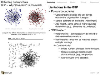 adams – 28
Sampling Measurement Modes Ethics AssessmentCollecting Network Data
BSP – Why “Complete” vs. Complete
Lazega E, et al. Effects of Competition on Collective Learning in Advice
Networks. Social Networks 2016; 47:1-14.
Limitations in the BSP
§ Porous boundaries
§ Collaborations outside the lab, advice
outside the organization (Lazega)
§ Sexual partners off the island (Helleringer)
§ Add Health, some schools more bounded
than others (e.g., Sunshine vs. Jefferson)
§ “Off Roster”
§ Respondents – cannot (easily) be linked to
their received nominations
§ Nominations – may not be matched across
multiple namings
à Can artificially
§ Inflate number of nodes in the network
§ Reduce observed local network
characteristics (e.g., reciprocity)
§ Alter network-level statistics
 
