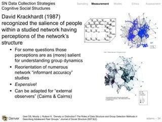 adams – 34
Sampling Measurement Modes Ethics AssessmentSN Data Collection Strategies
Cognitive Social Structures
David Krackhardt (1987)
recognized the salience of people
within a studied network having
perceptions of the network’s
structure
§ For some questions those
perceptions are as (more) salient
for understanding group dynamics
§ Reorientation of numerous
network “informant accuracy”
studies
§ Expensive!
§ Can be adapted for “external
observers” (Cairns & Cairns)
Gest DS, Moody J, Rulison K. “Density or Distinction? The Roles of Data Structure and Group Detection Methods in
Describing Adolescent Peer Groups.” Journal of Social Structure 2007;8(2).
 