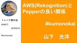 AWS(Rekognition)と
Pepperの良い関係
#kumonokai
トレノケ雲の会
mod.1
2018/5/16
#kumonokai
山下 光洋
 